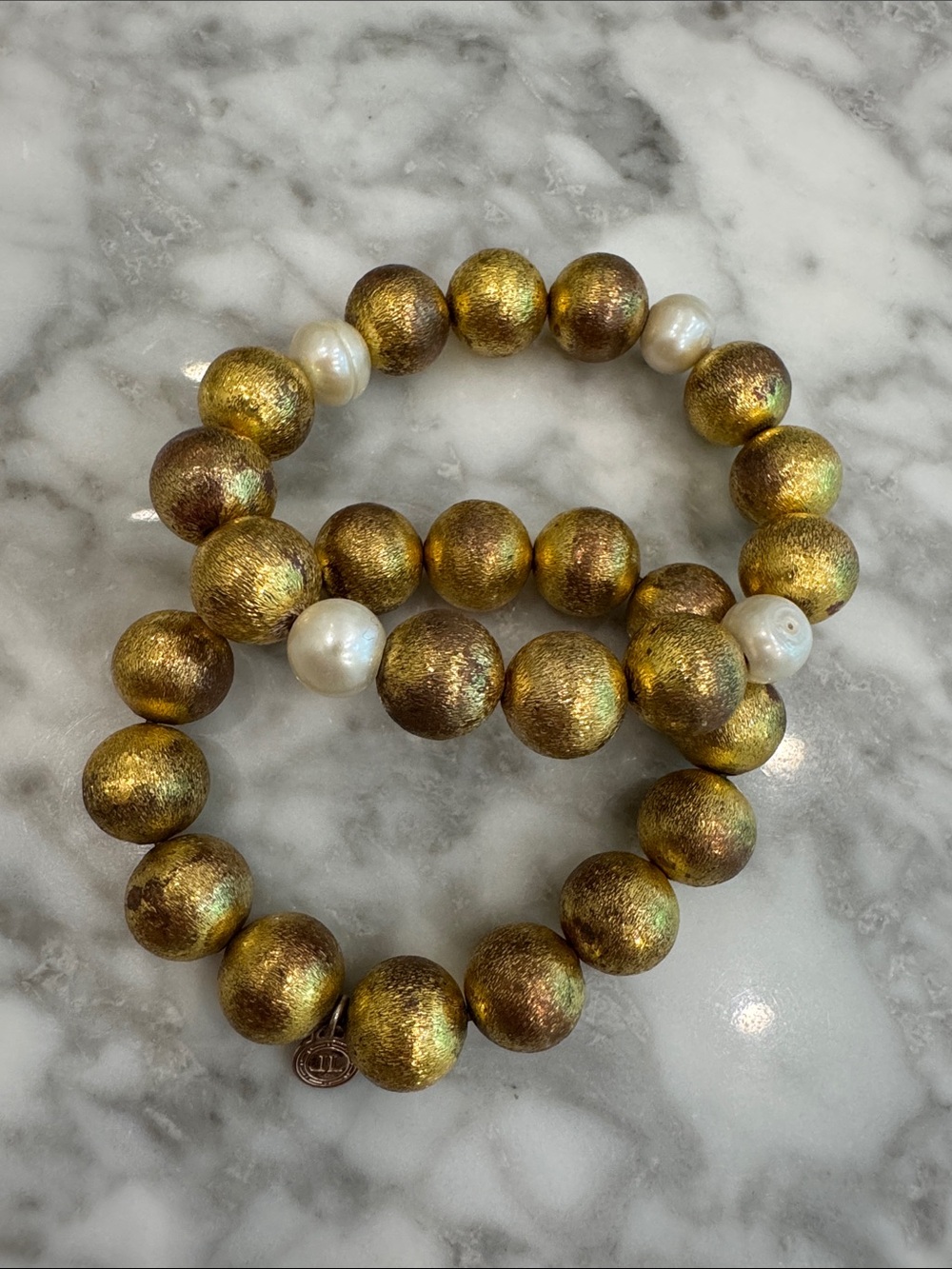 Gold-Tone Textured Bead and Pearl Stretch Bracelet Set